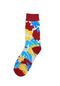 Calcetín tobillero colorido hecho de mezcla de algodón con fondo azul y patrones florales en rojo y amarillo. Puño y puntera acanalados en color burdeos.