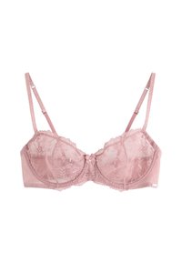 Pitkä pitsinen rintaliivi pehmeässä vaaleanpunaisessa sävyssä, jossa on alushousutukea, kukkakuosi, aaltoilevat reunat ja koristeellinen nauha etuosassa. Säädettävät olkaimet.