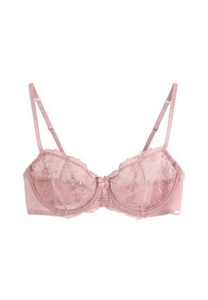 Pitkä pitsinen rintaliivi pehmeässä vaaleanpunaisessa sävyssä, jossa on alushousutukea, kukkakuosi, aaltoilevat reunat ja koristeellinen nauha etuosassa. Säädettävät olkaimet.