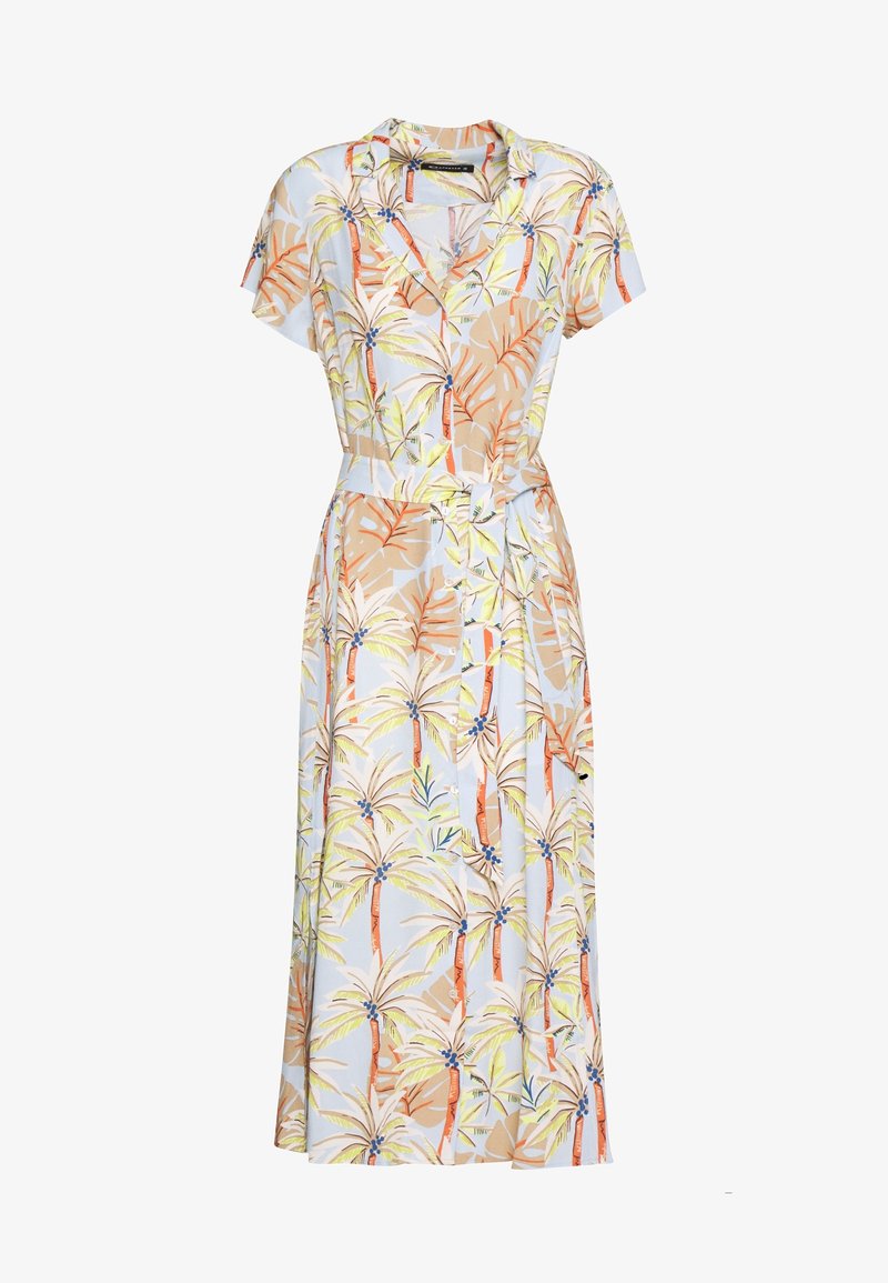 Robe à boutons avec manches courtes, en tissu bleu clair orné d'un imprimé de feuilles de palmier dans des tons orange, jaune et vert. Comprend une ceinture à la taille.