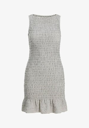 Robe sans manches à carreaux vichy gris et blanc, avec une texture cintrée plissée et un ourlet à volants en bas.