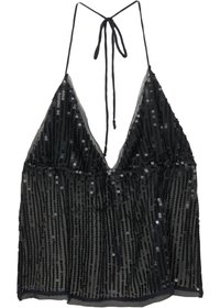 Sort bluse med palietter og dyb V-udskæring samt tynde stropper. Har et gennemsigtigt overlay og samlet talje. Glat tekstur med reflekterende palietter.