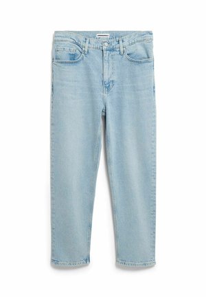 Lichtblauwe spijkerbroek met recht toelopende pijpen, een taille op middenhoogte en een klassieke vijfzakkenontwerp. Versleten details bij de zoom.