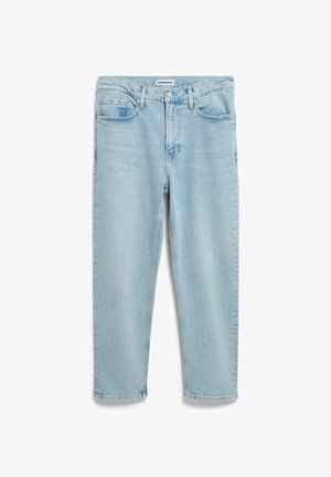 Lichtblauwe spijkerbroek met recht toelopende pijpen, een taille op middenhoogte en een klassieke vijfzakkenontwerp. Versleten details bij de zoom.