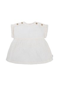 Weißes Baumwollkleid mit kurzen Ärmeln, strukturiertem Stoff und gerafftem Bund. Es hat Druckknopfverschlüsse an den Schultern für ein einfaches An- und Ausziehen.