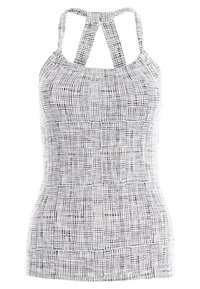 Černobílé tílko s vzorem, přiléhavým střihem, ramínky typu racerback a texturovanou látkou.