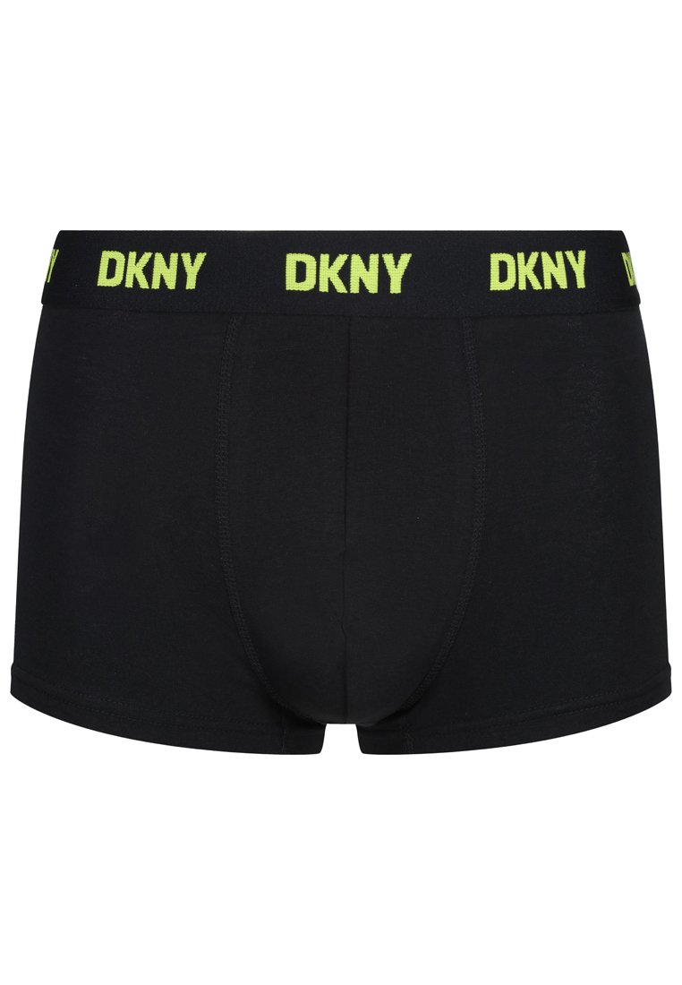Boxer shorts negros de tela suave, con un logo de DKNY en verde neón en la cinturilla. Forma clásica con una textura lisa.