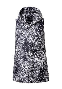 Zwart-wit gestreepte mouwloze vest met capuchon, voorzien van een gewatteerde textuur, knoopsluiting en een geometrisch ontwerp.