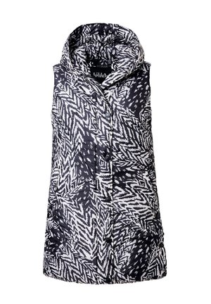 Zwart-wit gestreepte mouwloze vest met capuchon, voorzien van een gewatteerde textuur, knoopsluiting en een geometrisch ontwerp.