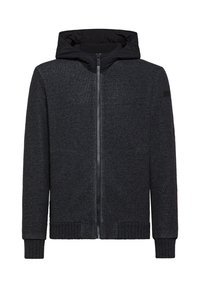 Felpa con zip nera realizzata in un tessuto strutturato, con polsini e orlo a costine. Presenta una fodera interna nera a contrasto e un accento con logo sulla manica.