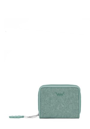 Cork wallet in light green with textured surface, zip closure, and a chain accent. Features a logo on the front and a smooth trim.