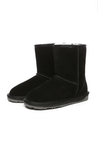 Black suede ankle boots with a soft, plush lining, flat sole, and tonal stitching, featuring a rounded toe and a straightforward design.