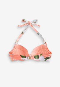 Koraline lilledega bikini ülaosa, millel on polsterdatud tassid, reguleeritavad rihmad ja kuldne metallist detail. Omab lilledegi printi ja ühtlast koralli värvi alus.