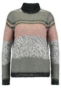 Stickad tröja med hög krage. Har horisontella ränder i nyanser av rosa, grått och grönt. Strukturerad tyg med en löst sittande passform.
