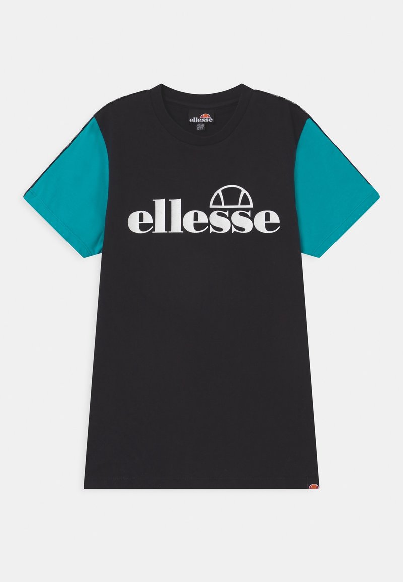 T-shirt noir avec des manches courtes turquoise et un logo blanc "ellesse" centré sur le devant.