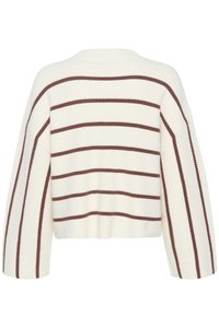 Cardigan rayé crème avec des lignes horizontales marron, texture côtelée, épaules tombantes et longueur courte. Tissu tricoté avec des manches larges.