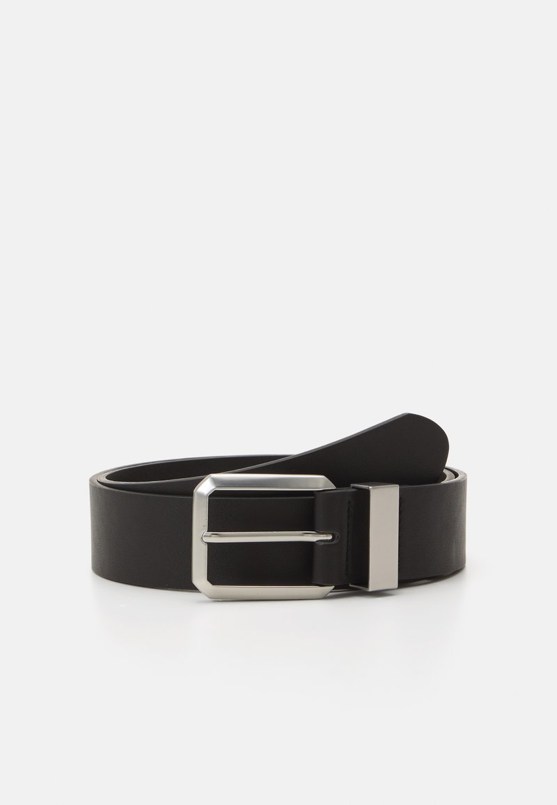 Black leather belt with a silver rectangular buckle, featuring a smooth texture and rounded end. Design is simple and functional.