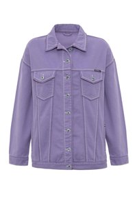 Lila Jeansjacke mit zwei Brusttaschen, silbernen Knöpfen und kontrastierenden weißen Nähten. Strukturiertes Design mit klassischem Kragen und lässiger Passform.