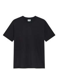 T-shirt nera a maniche corte in cotone. Presenta un collo a giro e un logo in rilievo discreto sul petto. Texture liscia, design semplice.