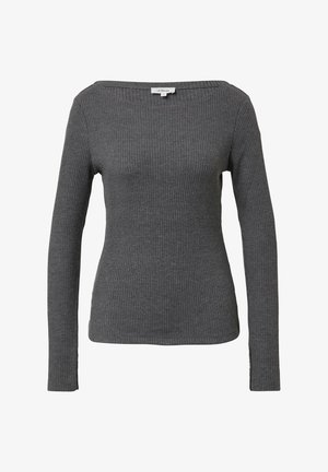 Maglione a maniche lunghe di maglia a coste di un grigio scuro, con scollatura a barca, vestibilità slim e etichetta del marchio al colletto.