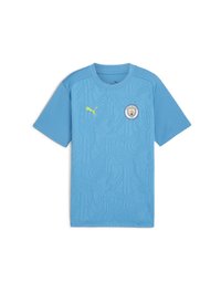 Vaaleansininen lyhythihainen paita, jossa on teksturoitunut geometrinen kuvio, pyöreä kaula-aukko ja pyöreä Manchester City -logo rinnassa.