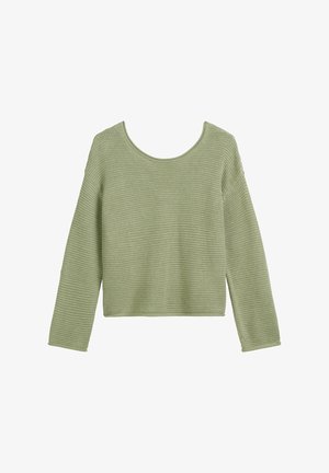 Lichtgroene gebreide trui met een brede ronde halslijn en lange mouwen; heeft een gestructureerd patroon en een verkorte snit.