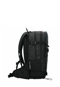 Zaino nero con spallacci imbottiti, numerosi scomparti con zip e una finitura testurizzata. Presenta fibbie e tasche laterali aggiuntive.