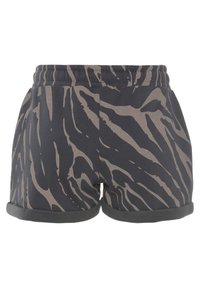 Pantaloni corti neri con un motivo a strisce zebra marroni, caratterizzati da una cintura in vita e risvolti, realizzati in un tessuto morbido e elasticizzato.