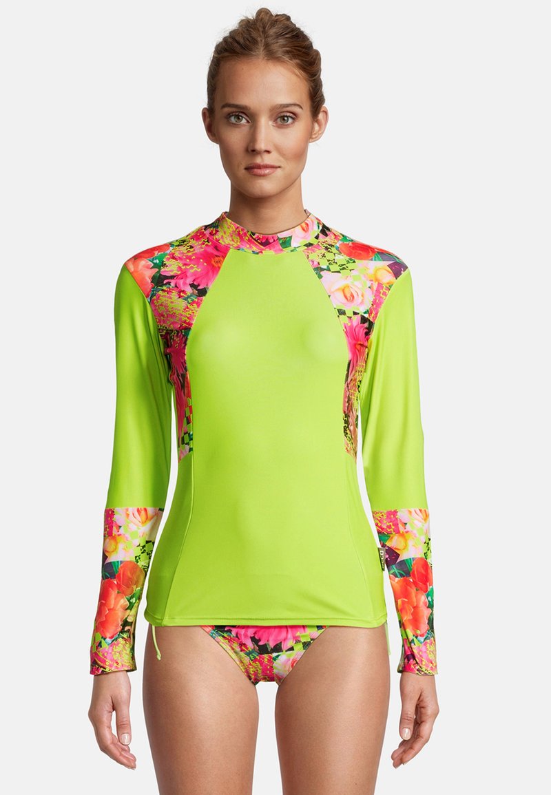 Maillot de bain à manches longues avec un corps vert néon vif, des manches à motif floral et un col haut. Confectionné dans un matériau extensible et évacuant l'humidité.