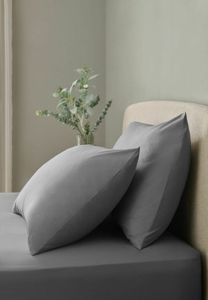 Two gray pillows rest on a gray bed with a light beige headboard and a green plant in a clear vase behind the bed.