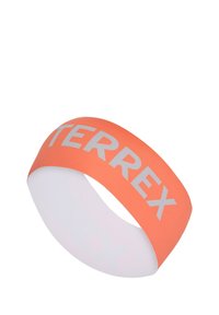 Pomarańczowa elastyczna opaska z białym nadrukiem logo "TERREX". Gładka tekstura, szeroki kształt idealny do aktywności na świeżym powietrzu lub sportu.