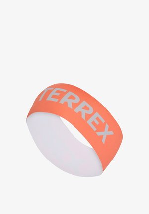 Orange elastic band with a white printed "TERREX" logo. Smooth texture, wide design suitable for outdoor activities or sports.