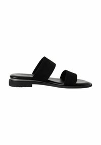 Sandales à glissière en daim noir avec deux larges brides, semelle en caoutchouc plate et texture lisse. Design minimaliste adapté à un usage décontracté.