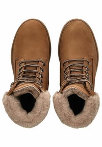 Braune Leder Schnürstiefel mit Kunstfellfutter und abgesetztem Kragen. Sie verfügen über schwarz-weiße Schnürsenkel, eine runde Zehenform und eine feste Gummisohle.