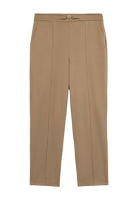 Pantalons tailleur beiges avec une texture lisse, dotés d'une fermeture à bouton sur le devant, de passants de ceinture et de deux poches latérales. Design à jambes droites.