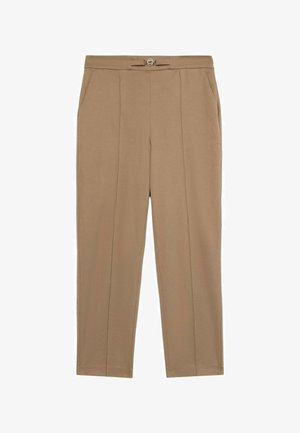 Beige op maat gemaakte broek met een soepele textuur, voorzien van een sluiting met knoop aan de voorkant, riemlussen en twee zijzakken. Rechstreeks ontwerp.