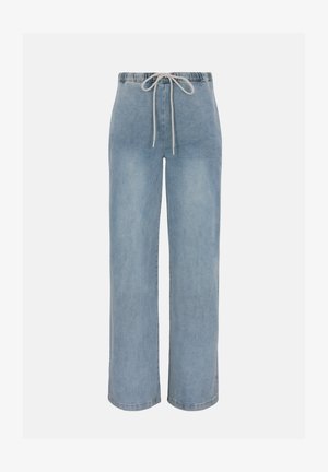 Lyseblå denimbukser med vide ben, elastisk talje og hvid snor foran.