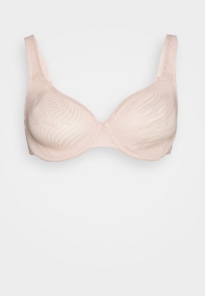 Sostenitore rosa chiaro con un motivo texture liscio, supporto con ferretto e spalline regolabili. Caratterizzato da una forma triangolare classica.