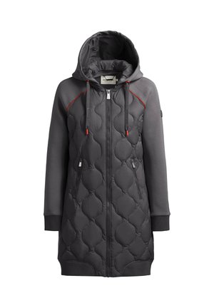 Chaqueta larga acolchada en gris oscuro con capucha, cremallera frontal, capucha con cordón, bolsillos con cremallera y puños y dobladillo acanalados.