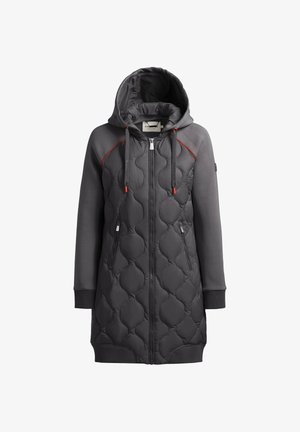 Chaqueta larga acolchada en gris oscuro con capucha, cremallera frontal, capucha con cordón, bolsillos con cremallera y puños y dobladillo acanalados.