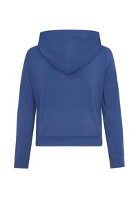 Blå, huva tröja med en kortad design, långa ärmar och ribbade muddar. Slät tyg utan synliga logotyper eller mönster.