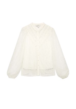 Witte kantblouse met een knoopsluiting aan de voorkant, lange ballonmouwen en gestructureerde details rond de halslijn en het lijfje. Semi-doorzichtige stof.