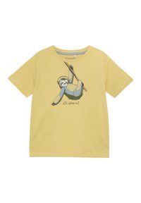 Yellow cotton t-shirt featuring a sloth graphic wearing headphones, with text reading "LET'S HANG OUT" below the illustration.