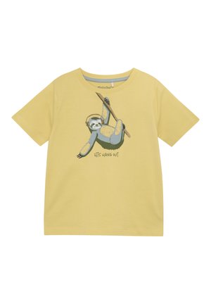 Yellow cotton t-shirt featuring a sloth graphic wearing headphones, with text reading "LET'S HANG OUT" below the illustration.