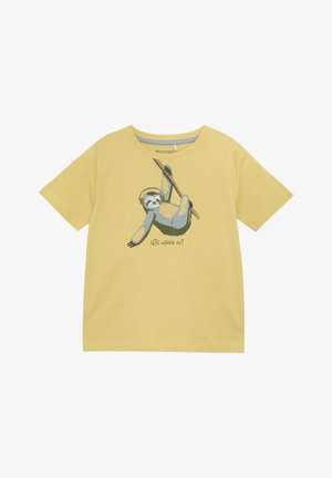 Yellow cotton t-shirt featuring a sloth graphic wearing headphones, with text reading "LET'S HANG OUT" below the illustration.