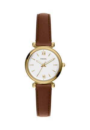 Gold-tone watch with a round white dial, Roman numerals at 12 and 6, brown leather strap, and contrasting yellow stitching detailing.
