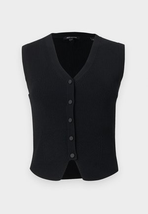 Črna rebrasta brezrokavna kardigan s štirimi gumbi spredaj, z V-izrezom in rahlo ukrivljenim robom, zasnova slim fit.