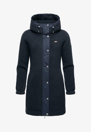 Dark navy fleece coat with a hood, featuring a smooth front panel, snap buttons, and side pockets. Soft texture and a mid-length cut.