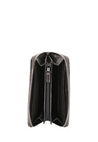 Black leather wallet with a zip closure, featuring multiple card slots and a central zipped compartment for coins or small items.