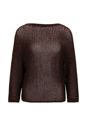 Brown knitted sweater with an open weave, wide neckline, and long sleeves. The texture is loose and breathable, allowing visibility of skin underneath.